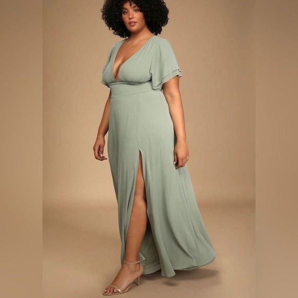 SOLD NWT Lulus Promise Of Love Sage Brush Flutter Sleeve Maxi Dress Size 2X - Picture 2 of 16